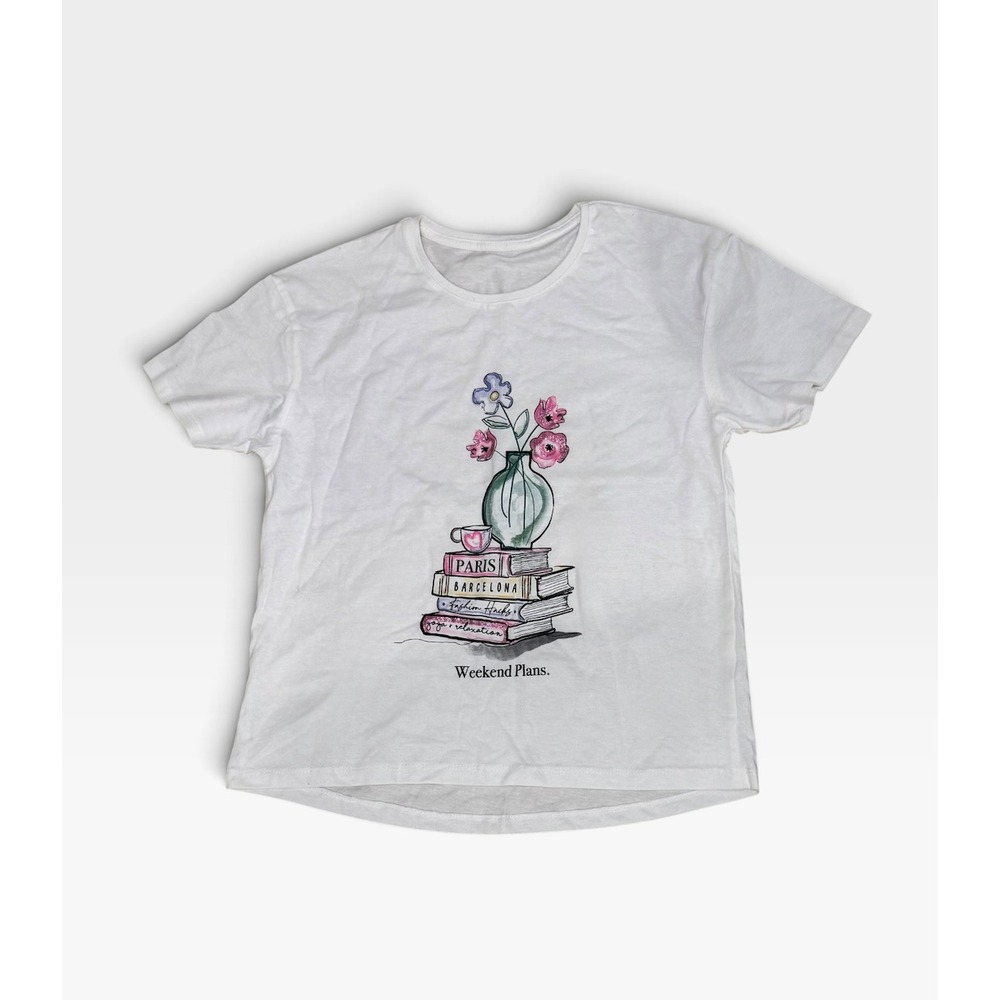 NWT Girls Ivory Graphic T-Shirt Weekend Plans Books Flowers Size 31-32 (10-11y)